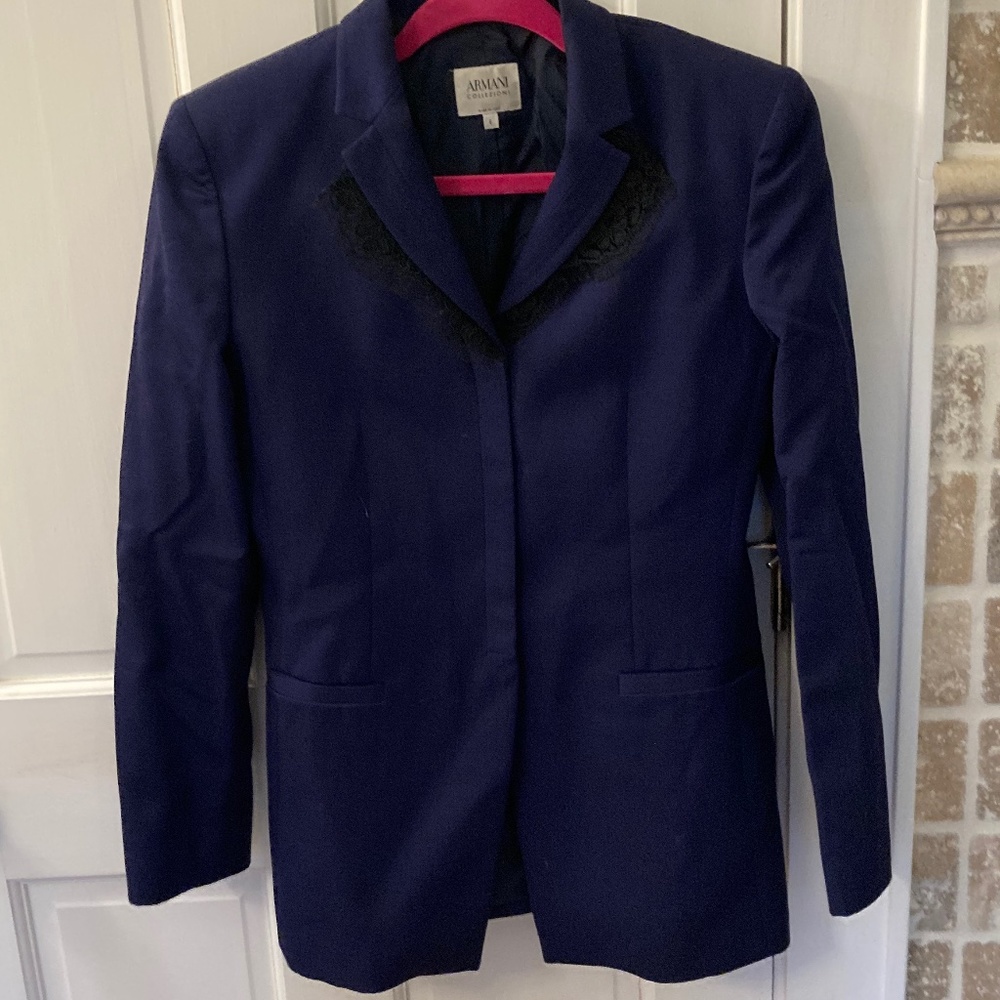 Giorgio Armani Navy Blue Women's Blazer with Black Trim
